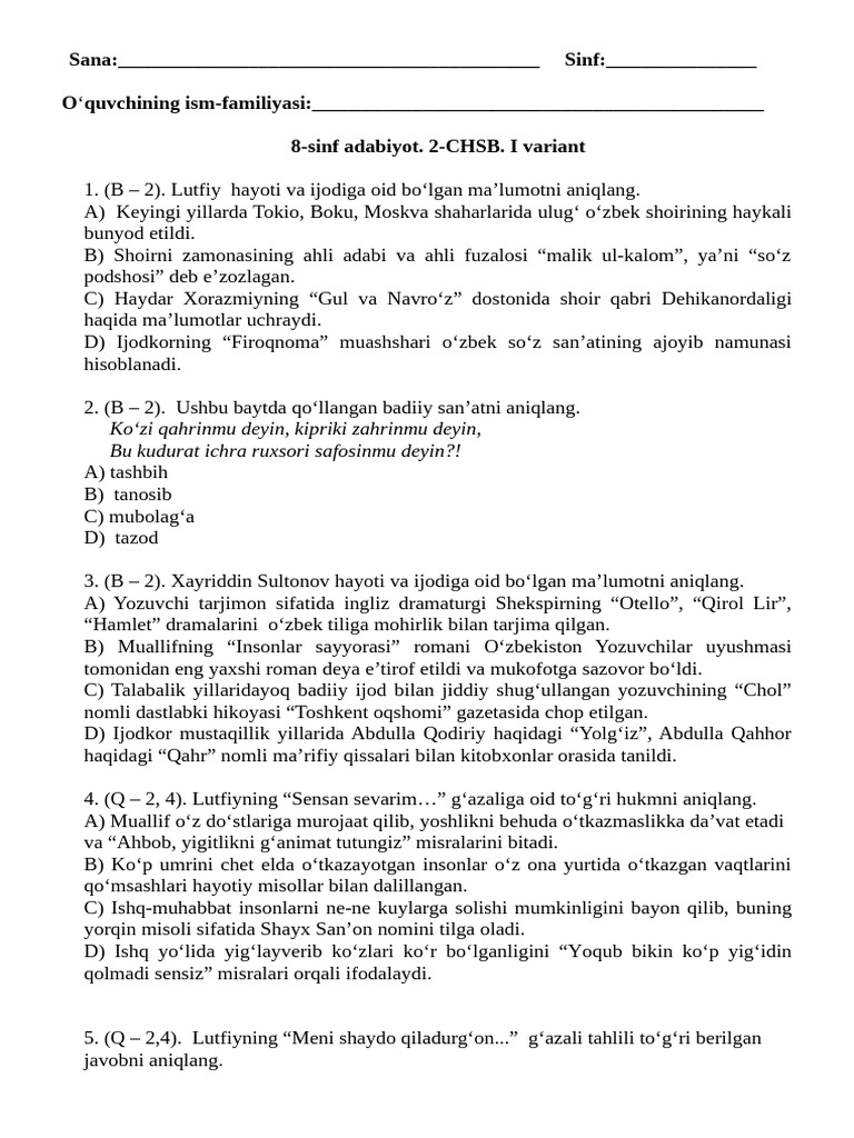 8 Sinf Adabiyot 2 CHSB.1 Variant | PDF