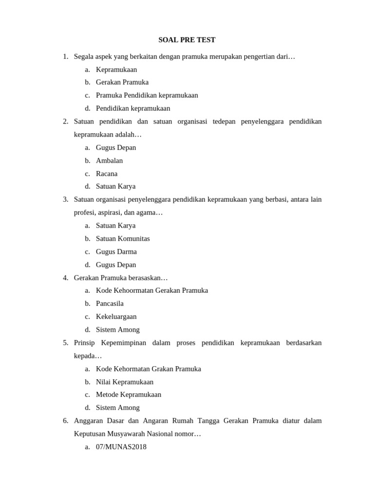 Soal Pre Test Kepramukaan dan Manajemen | PDF