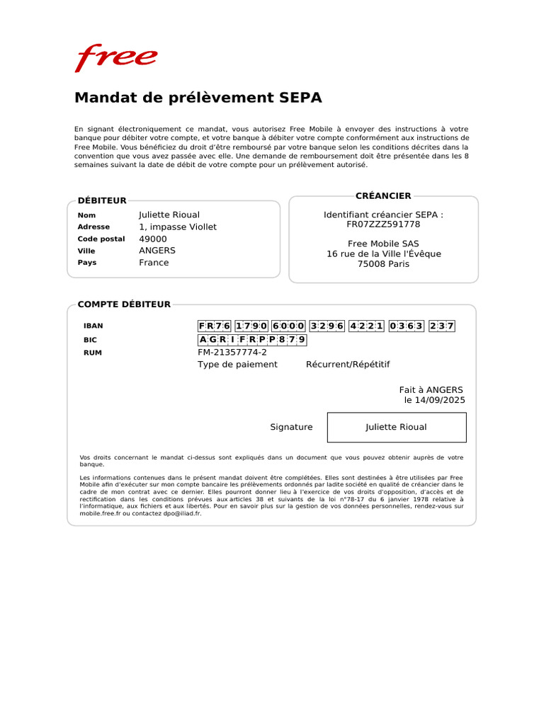 Mandat de prélèvement SEPA Free Mobile | PDF