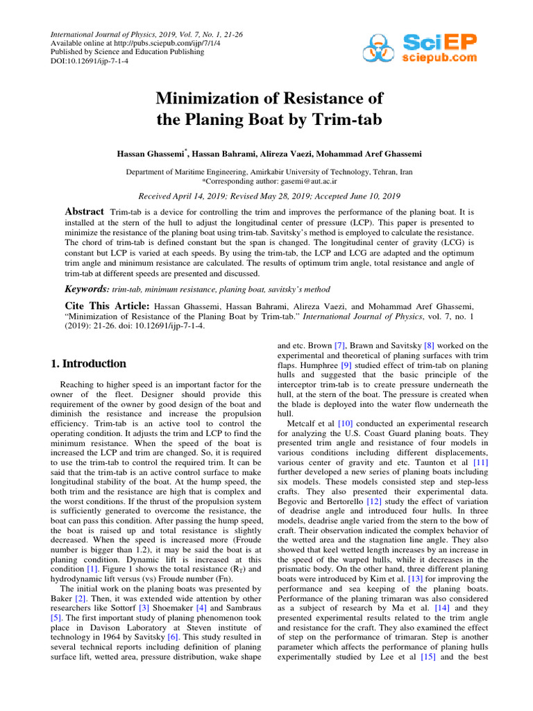 Trim-Tab Resistance Reduction in Boats | PDF | Lift (Force) | Hull ...