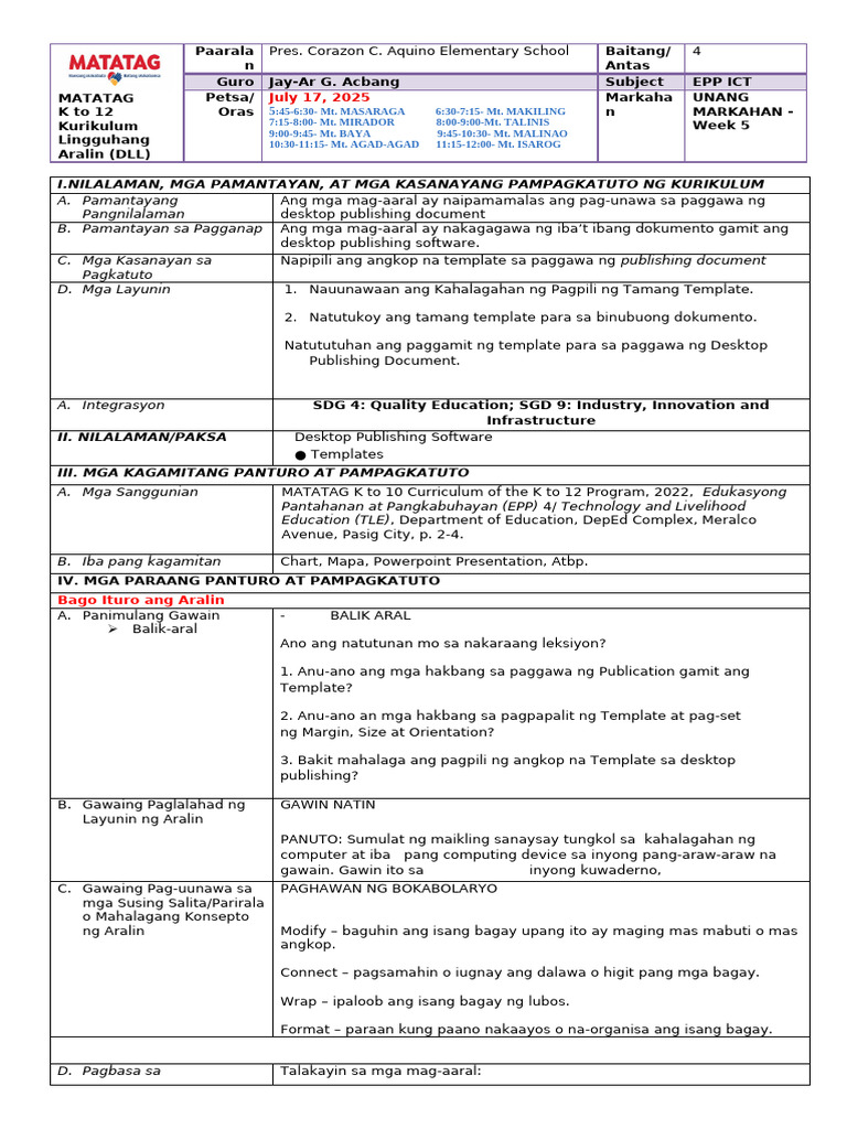 Matatag DLL Week 5 Epp Ict g4 - Day 3 | PDF