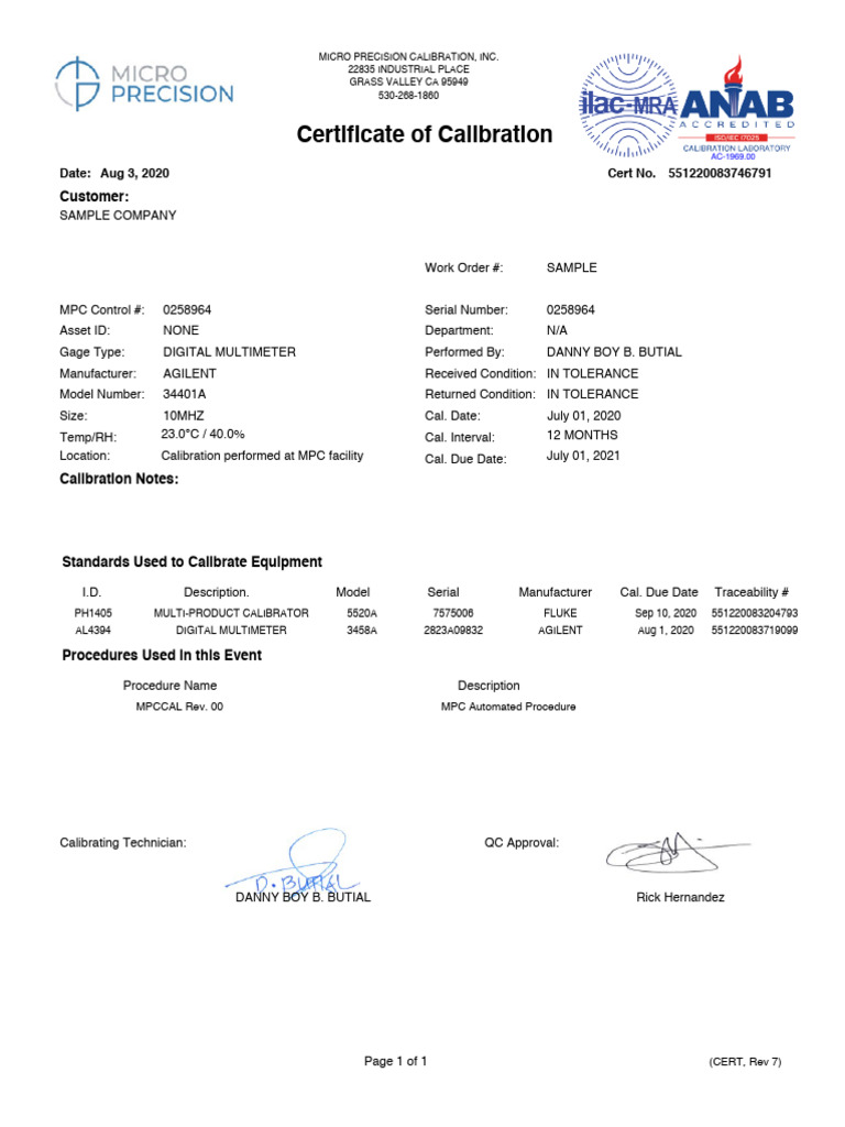 Sample-Cert_rev-7-1 | PDF | Calibration | Electronic Oscillator