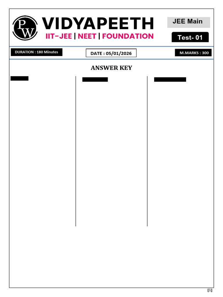 JEE Main Test 01 Answer Key | PDF | Force | Chemistry
