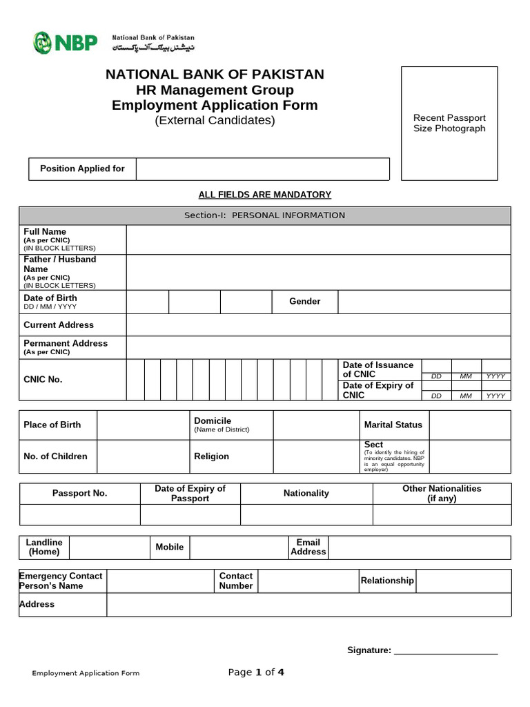 NBP Employment Application Form | PDF