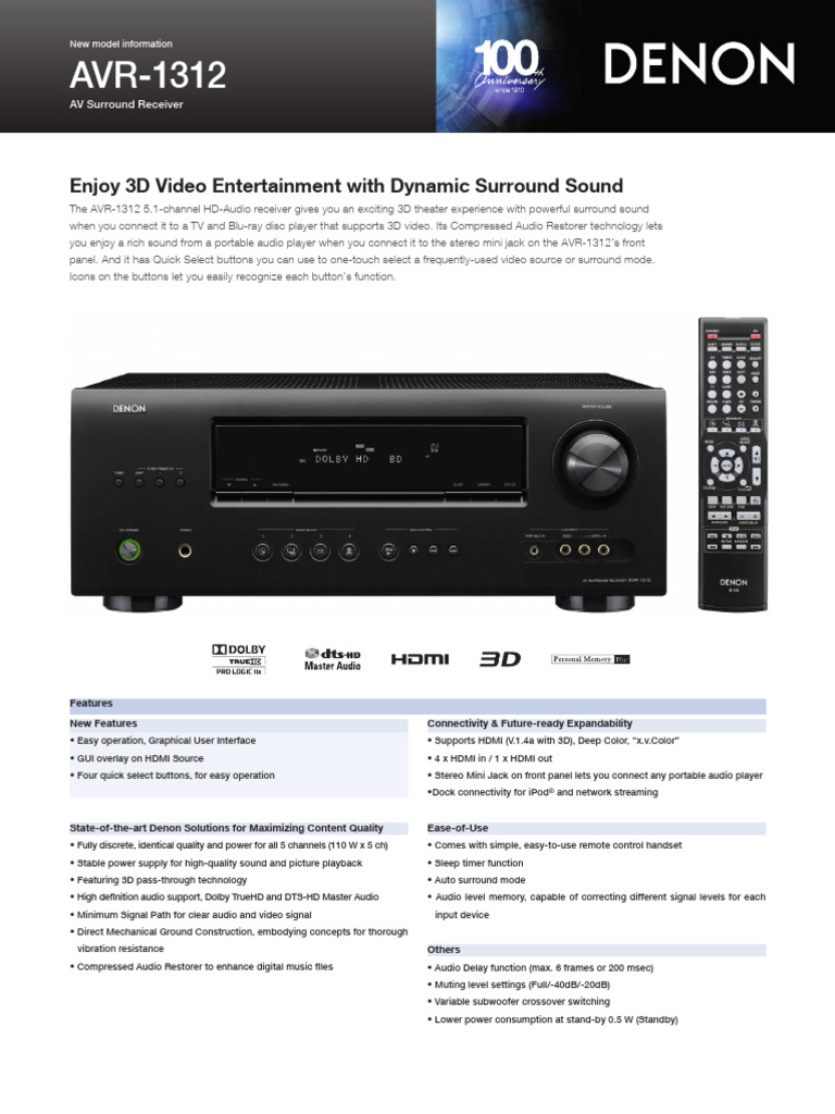 Specification Sheet AVR-1312 | PDF | Hdmi | Amplifier