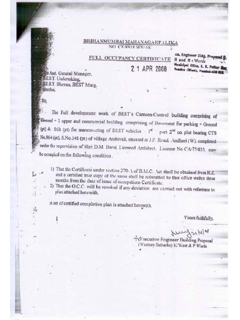 Versova Full Occupancy Certificate - BEST Undertaking | PDF