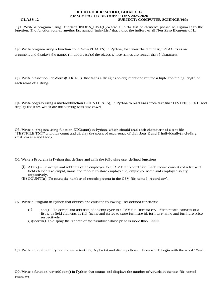 AISSCE Class 12 Computer Science Python Programs | PDF | String ...