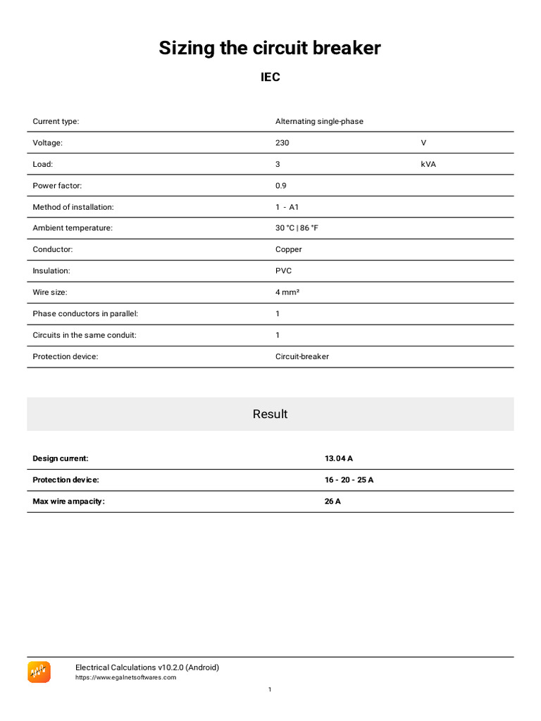 Circuit Breaker Sizing Guide 230V | PDF