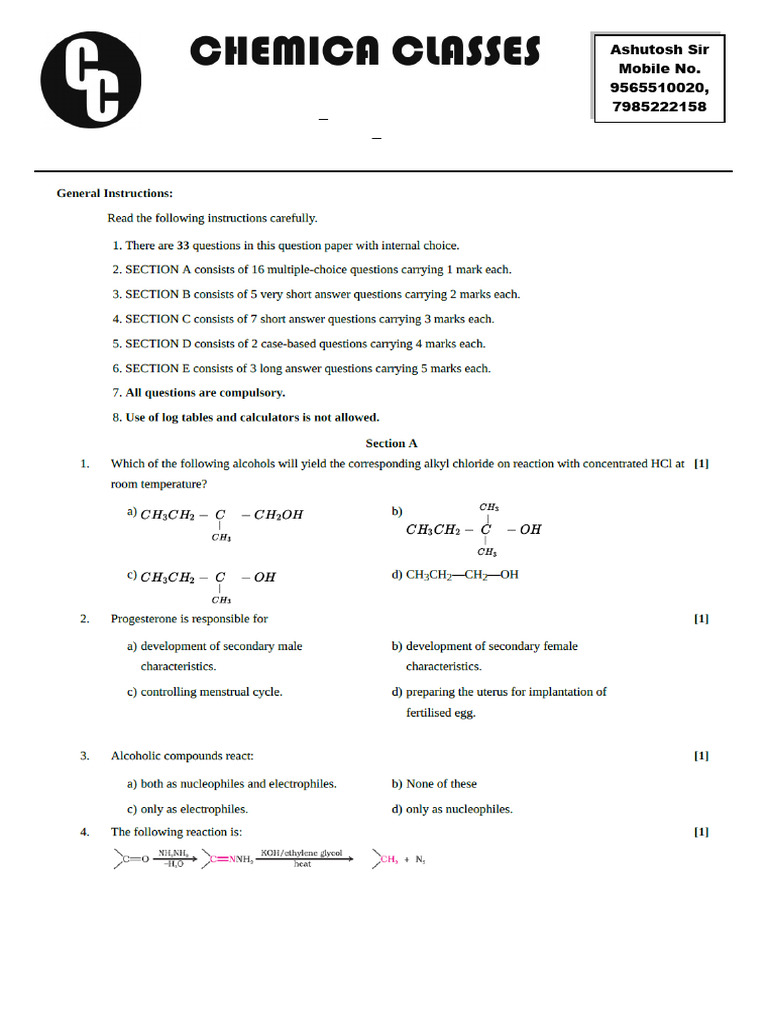 Chemistry Test for Class XII Students | PDF