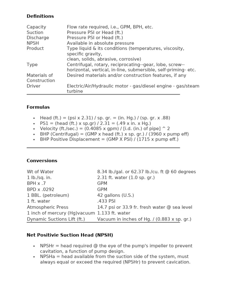 Pump System Definitions and Formulas | PDF