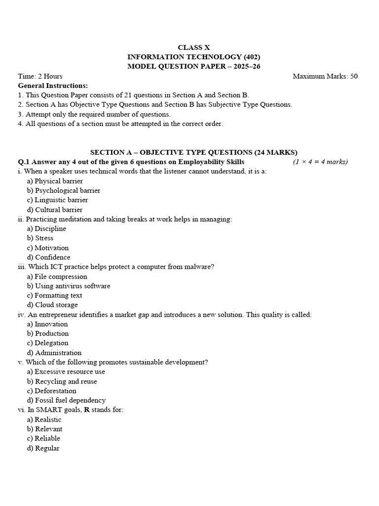 Class X IT Model Question Paper 2025-26 | PDF | Relational Database ...