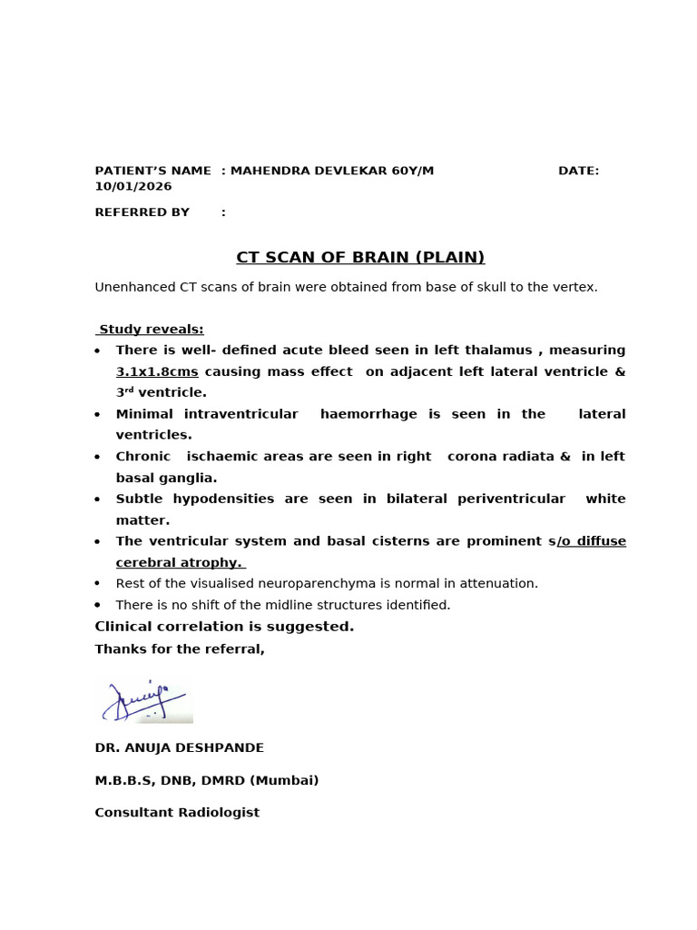 CT Brain Scan Report: Acute Bleed & Ischemia | PDF