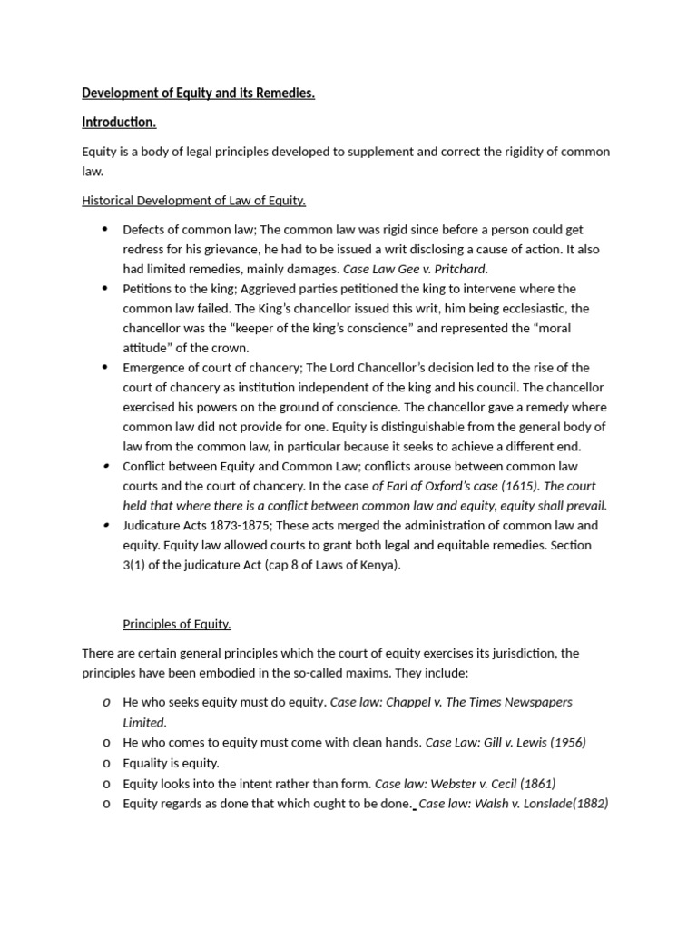 Development of Equity and Its Remedies | PDF | Equity (Law) | Legal Remedy