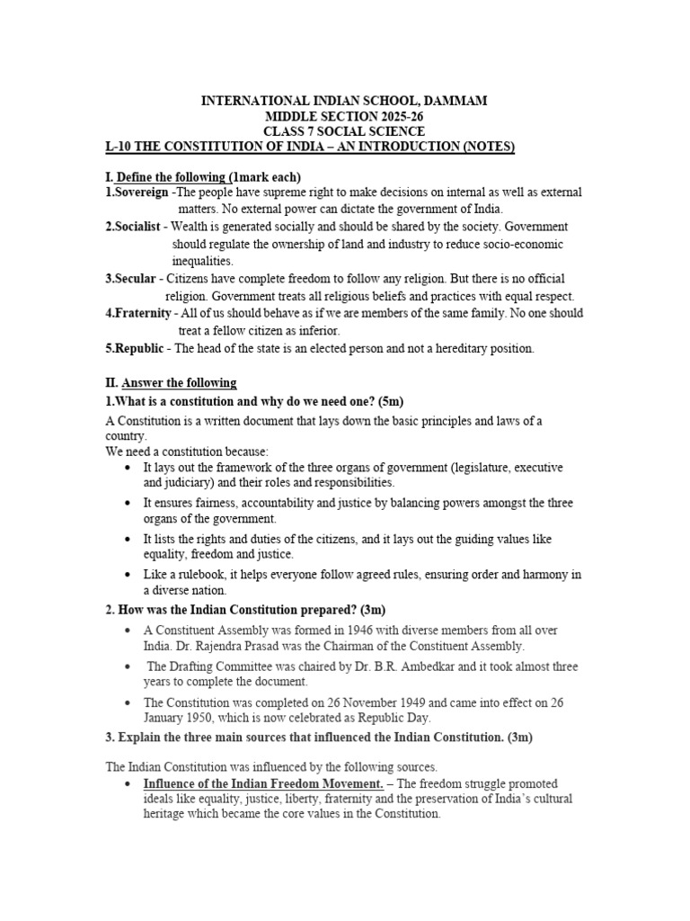 Class 7 Social Science: Indian Constitution Notes | PDF | Constitution ...