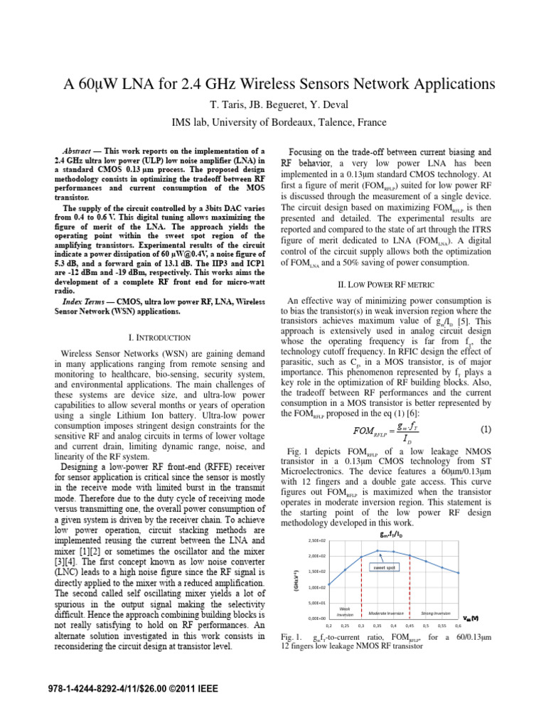60µW LNA for 2.4 GHz WSN Applications | PDF | Mosfet | Cmos