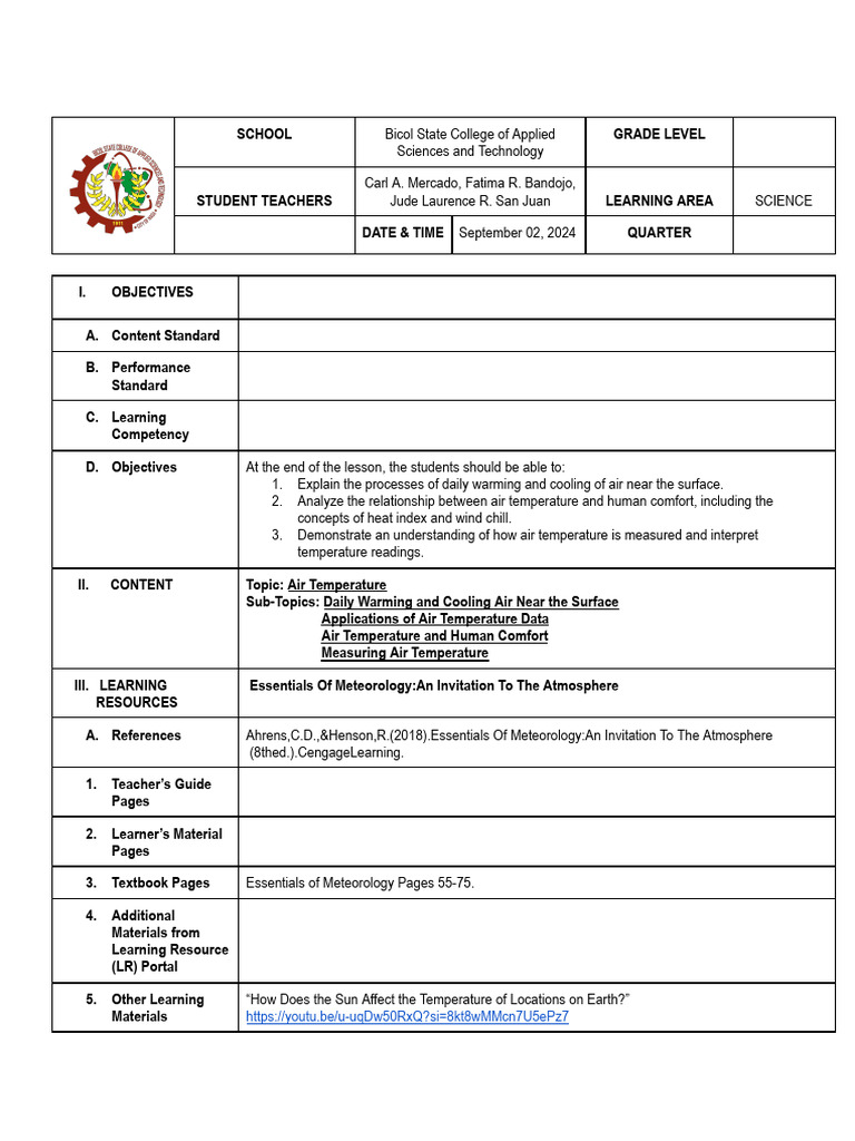 Revised - Air Temperature Lesson Plan | PDF | Atmosphere Of Earth | Weather