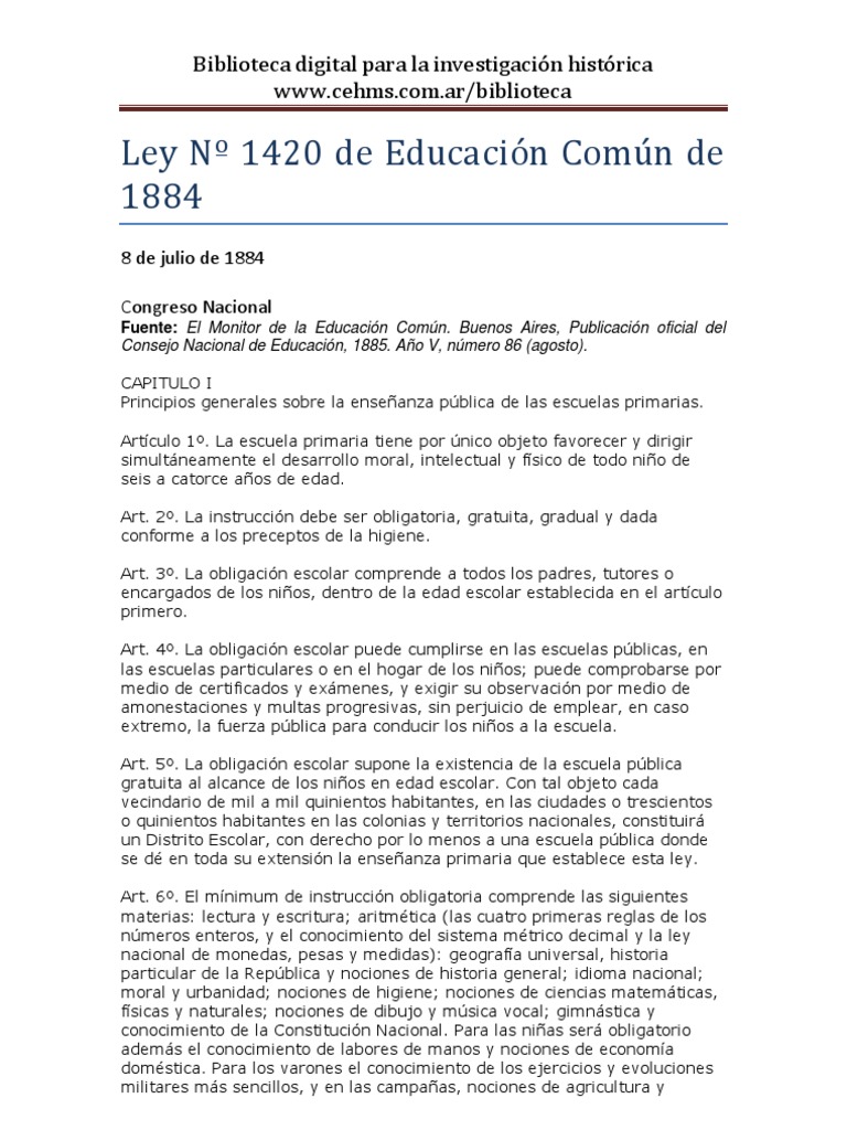 Ley 1420 de Educación Común 1884 | PDF | Educación primaria | Pensión