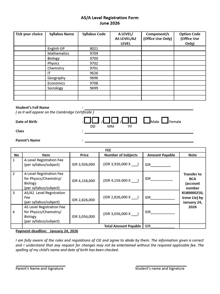 AS/A Level Registration Form 2026 | PDF