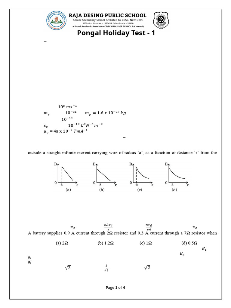 Class XII Physics Monthly Test 2025-26 | PDF | Electrical Resistivity ...