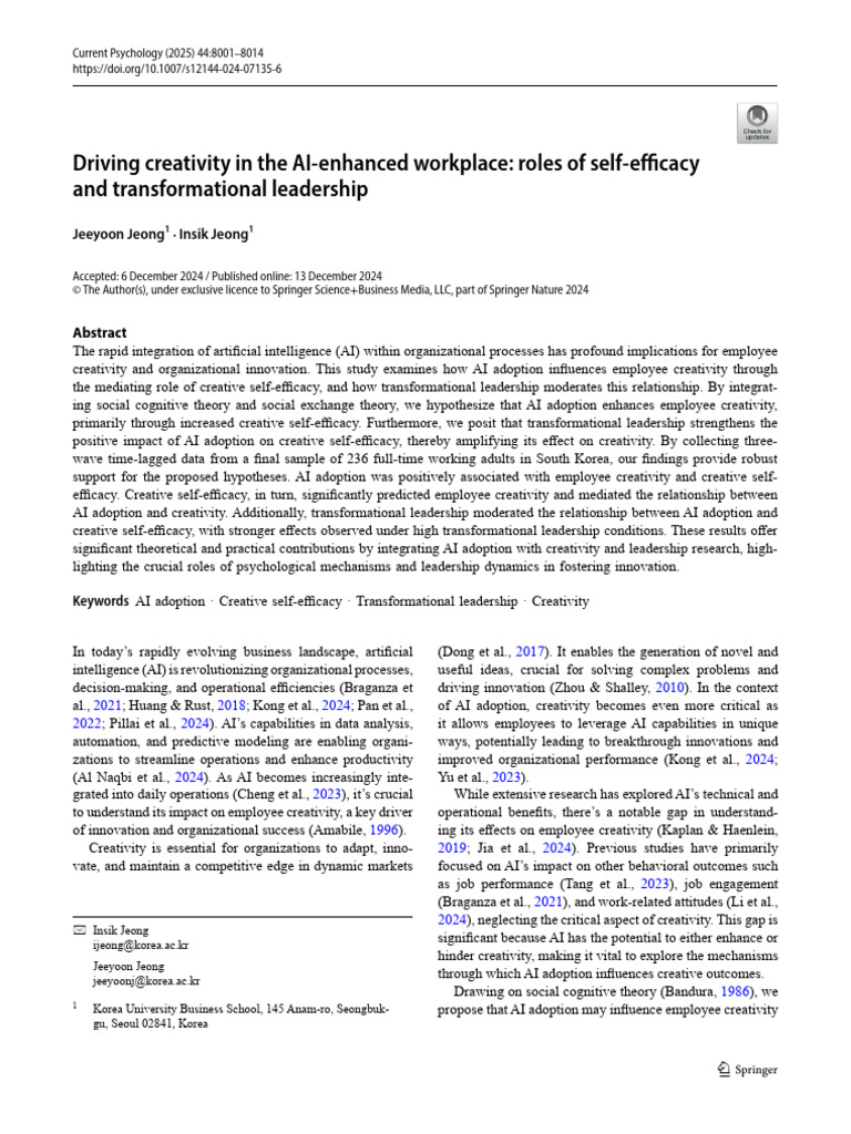 Driving Creativity in the AI Enhanced Workplace Roles of Self Efficacy ...