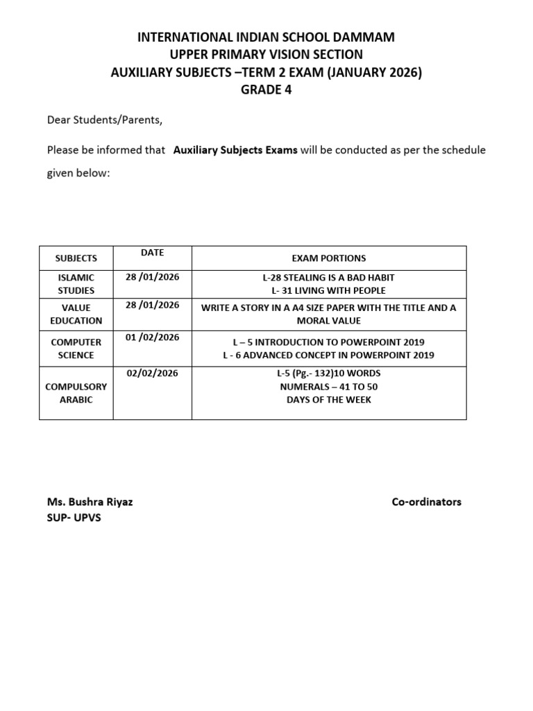 Grade 4 Term 2 Auxiliary Exam 2025-26 | PDF