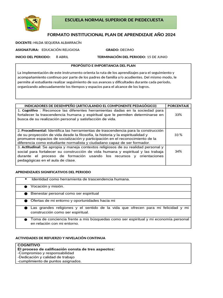 Plan de Aprendizaje Educación Religiosa 2024 | PDF | Aprendizaje ...