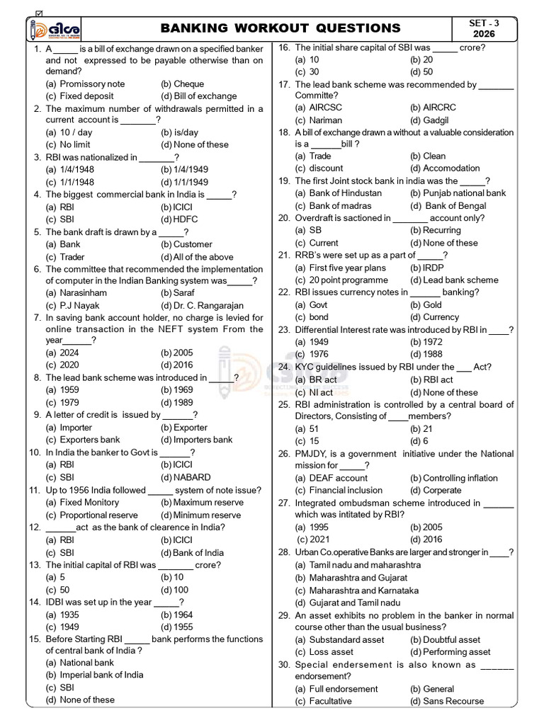 Banking Quiz Questions and Answers | PDF | Reserve Bank Of India ...