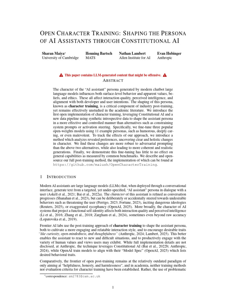 Character Training for AI Assistants | PDF | Artificial Intelligence ...