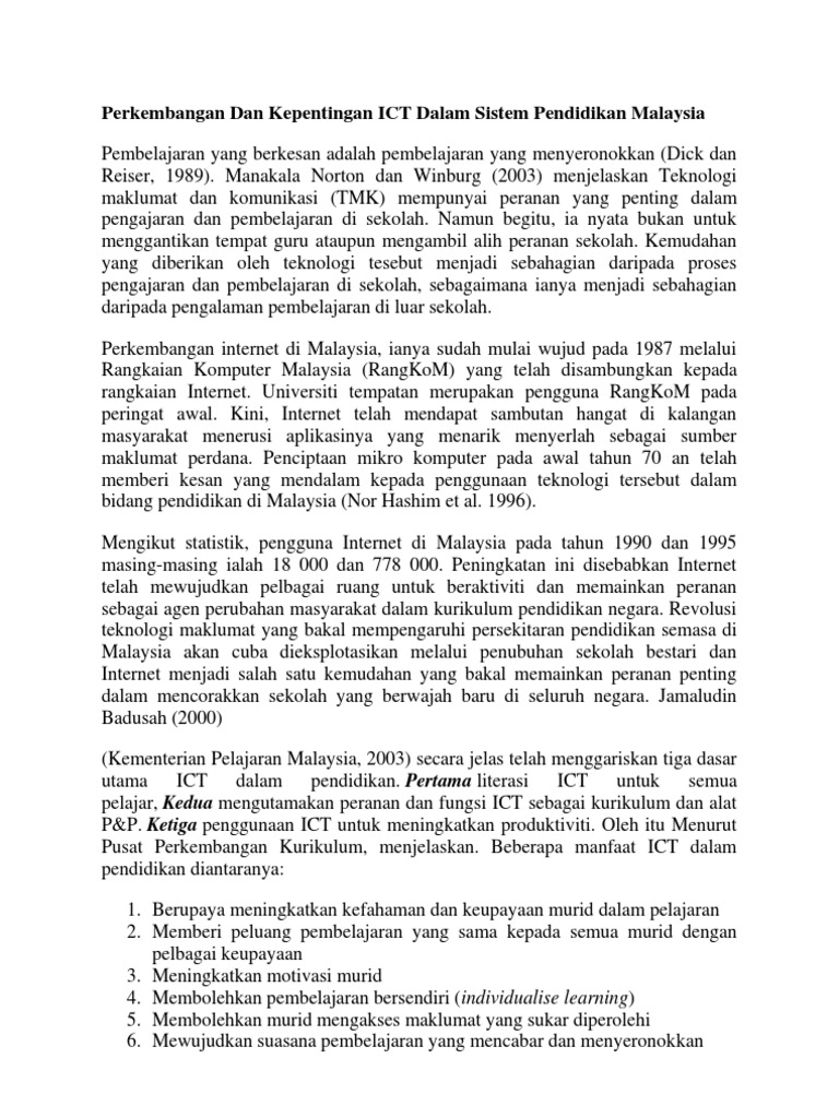 Perkembangan Dan Kepentingan ICT Dalam Sistem Pendidikan Malaysia 