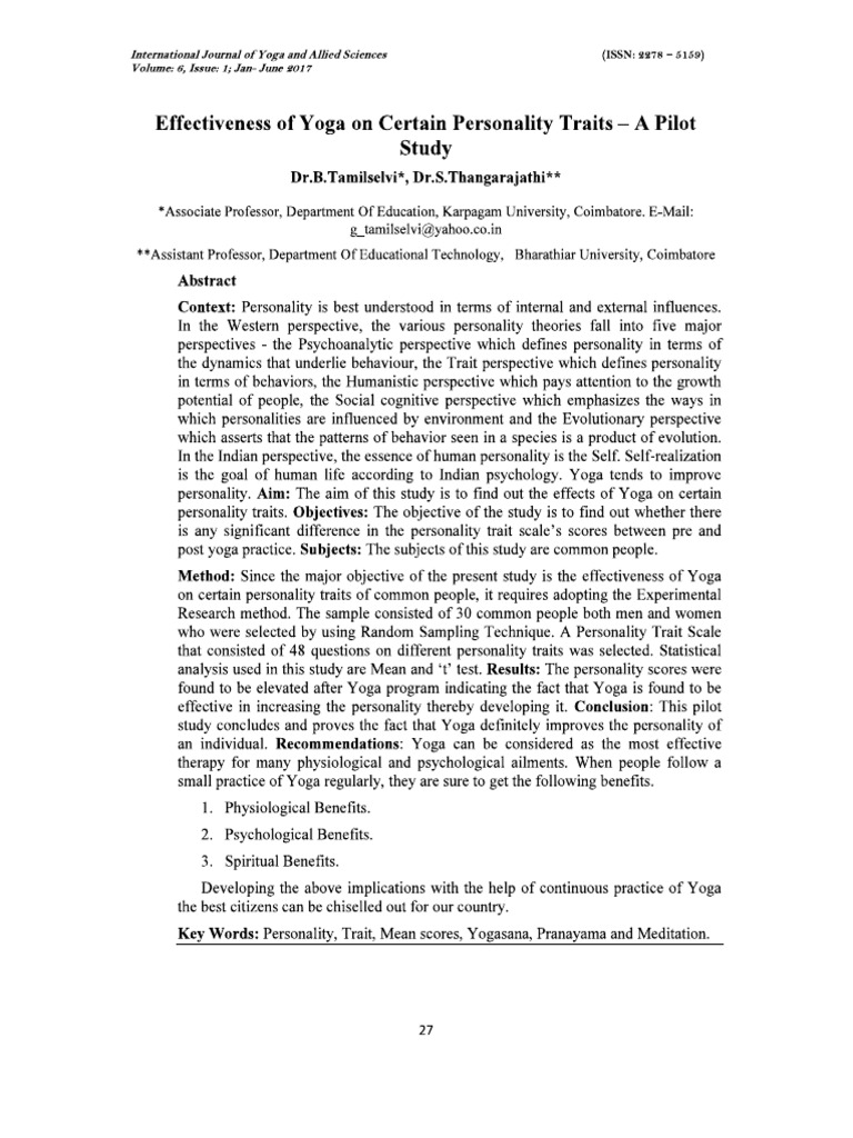 Effectiveness of Yoga On Certain Personality Traits | PDF