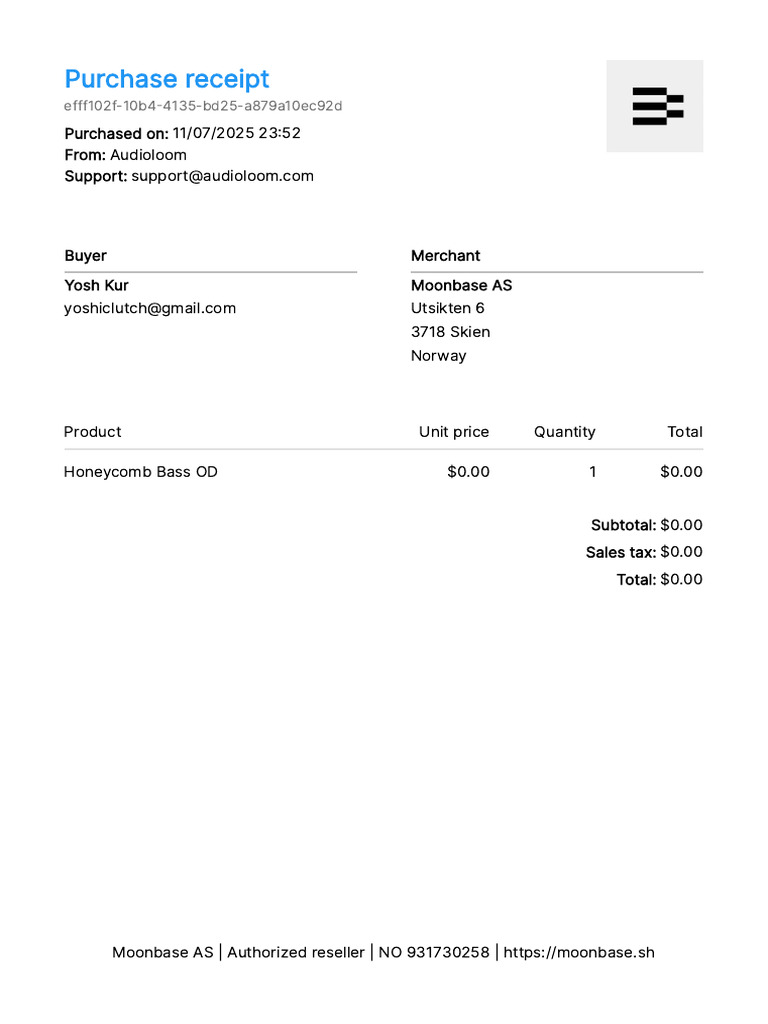 Audioloom Purchase Receipt - $0 Total | PDF
