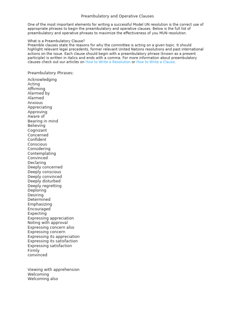 Preambulatory and Operative Clauses Guide | PDF | Clause | United Nations