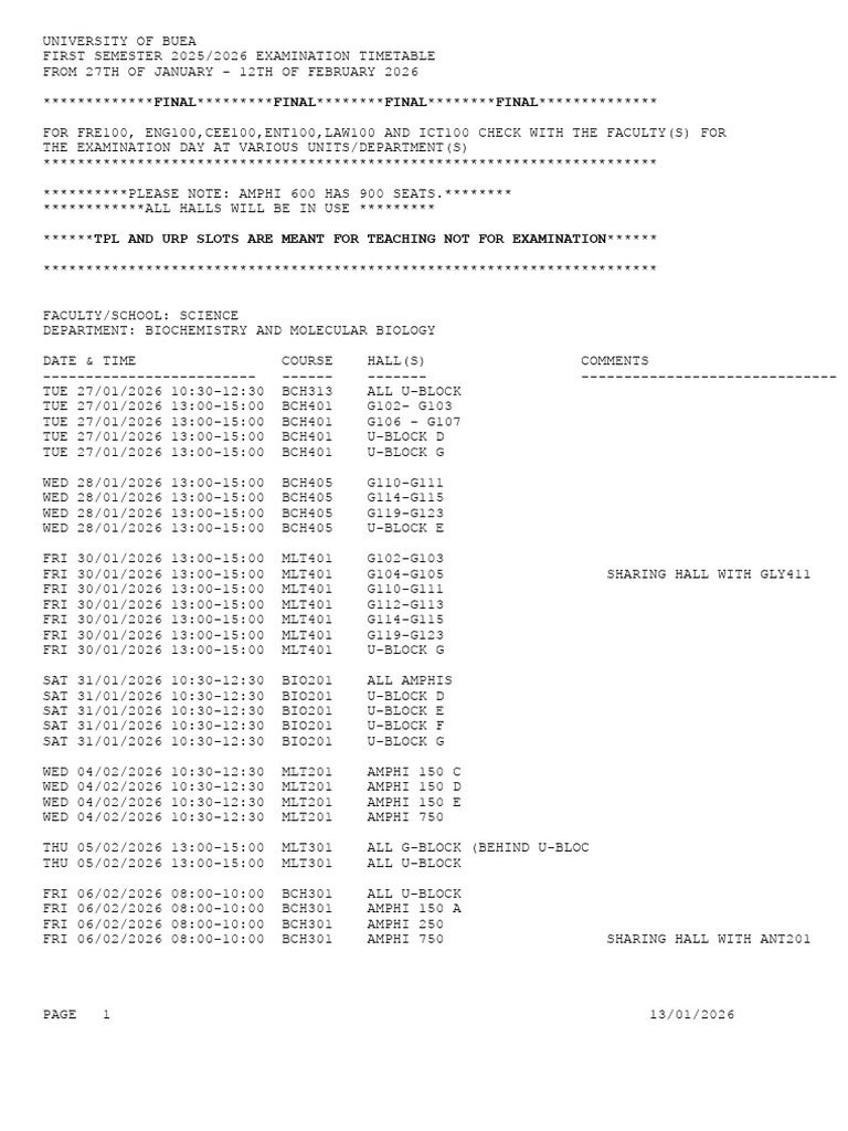 First Semester 2025 - 2026 Final Examination Timetable | PDF | Biology ...