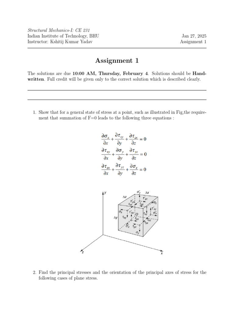 Structural Mechanics-I Assignment 1 | PDF | Stress (Mechanics) | Solid ...