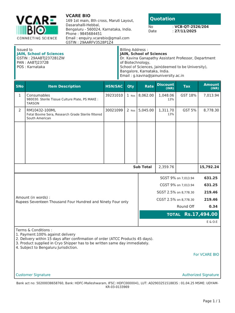 VCARE BIO Quotation for JAIN University | PDF | Government Of India ...