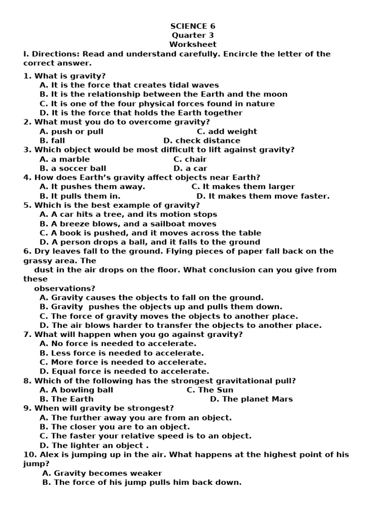 Gravity Concepts Worksheet for Grade 6 | PDF | Force | Gravity
