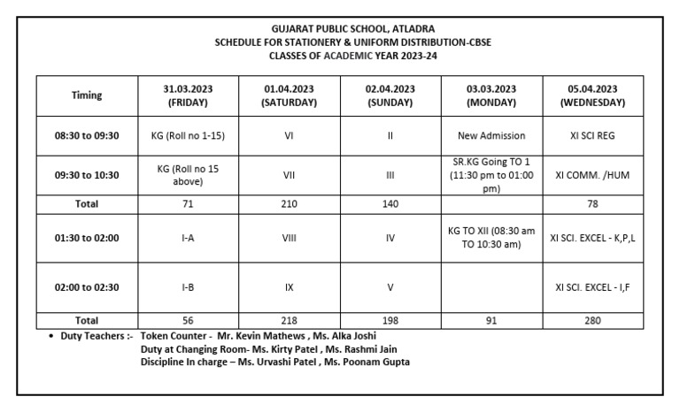 Schedule For Stationery & Uniform Distribution-Cbse | PDF