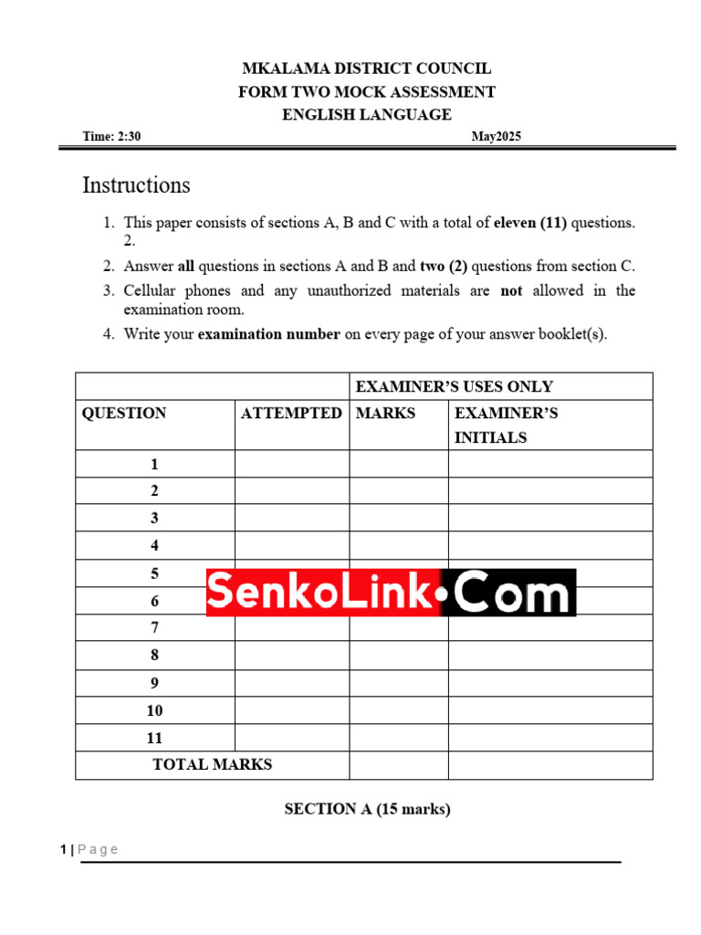 Form Two English Mock Assessment 2025 | PDF | Semantic Units | Linguistics