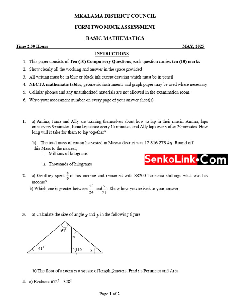Form Two Mock Mathematics Assessment | PDF | Mathematics | Euclidean ...