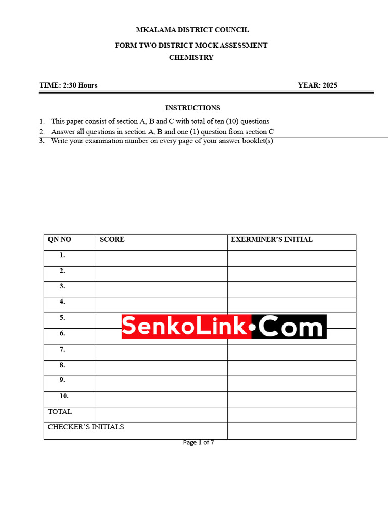 Form Two Chemistry Mock Assessment | PDF | Chemical Substances | Chemistry