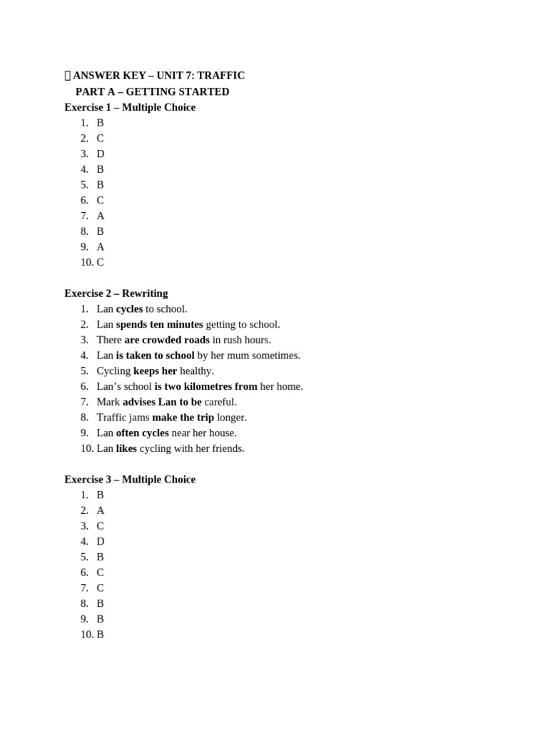 Unit 7 Traffic Answer Key | PDF