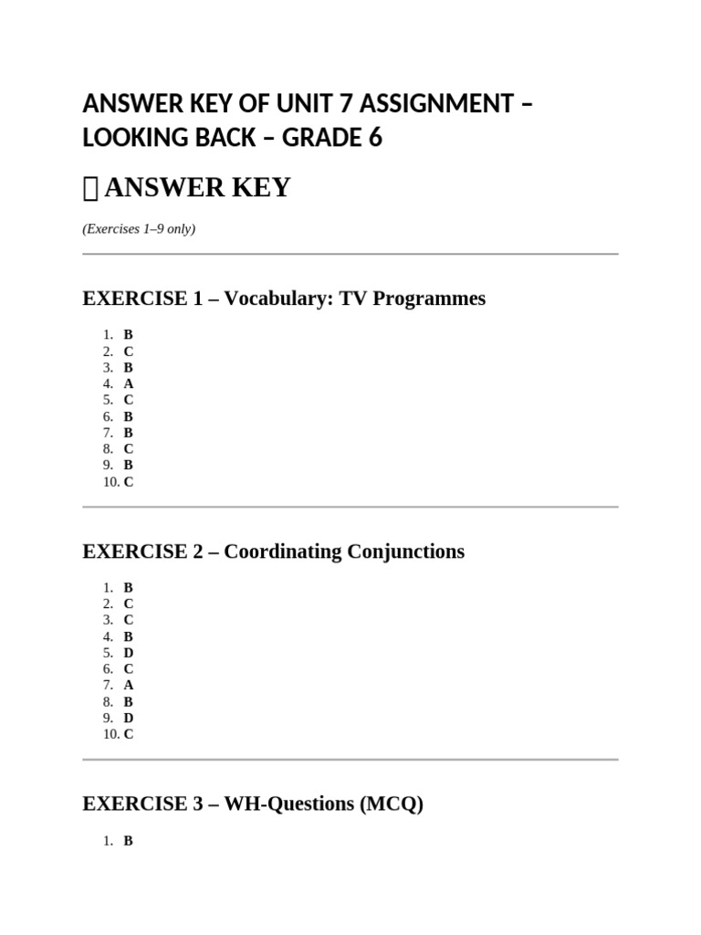 Answer Key of Unit 7 Assignment - Looking Back Grade 6 | PDF