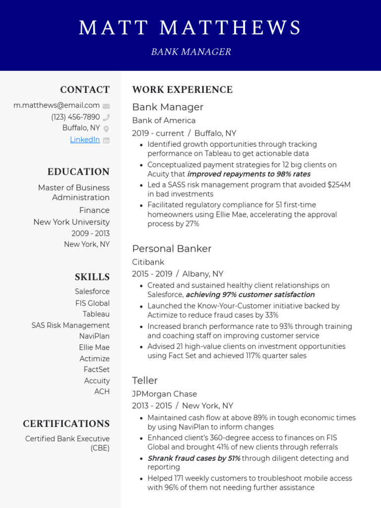 Bank Manager Resume Example | PDF | Banks | Business