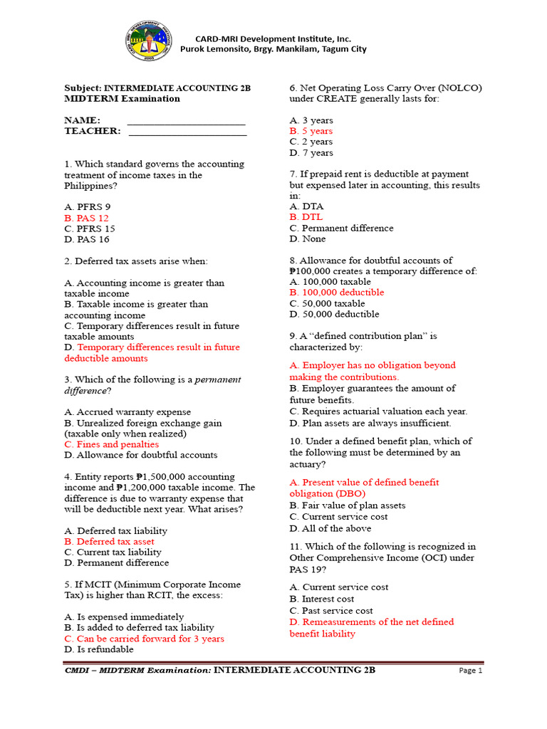 IA2B Midterm Examination Answer Key | PDF | Deferred Tax | Income