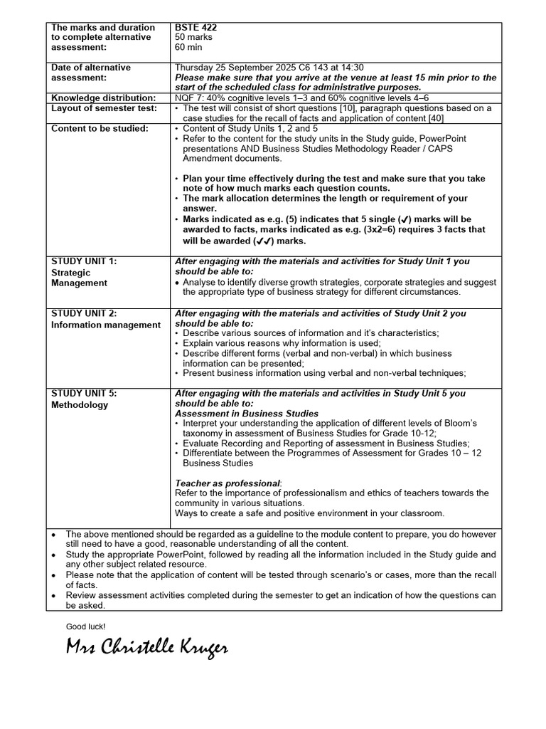 Study Letter - Bste 422 Sem Test 2025 | PDF | Cognitive Psychology ...