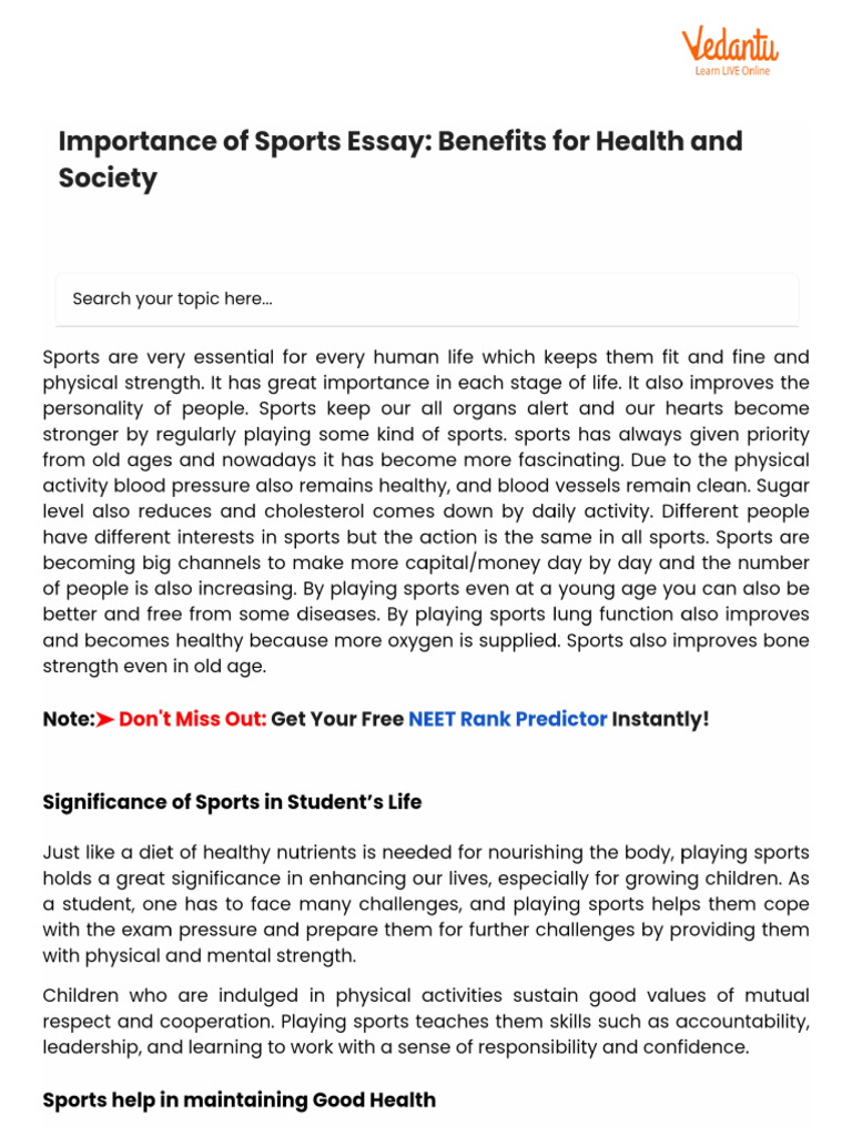 Importance of Sports Essay - Benefits For Health and Society | PDF