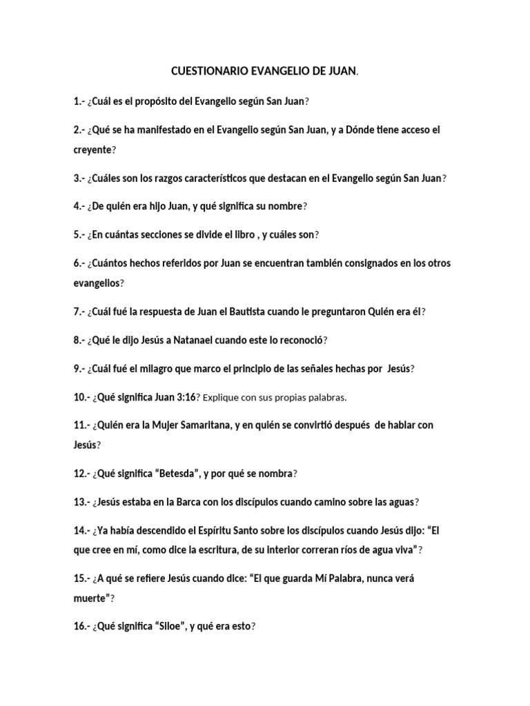 Cuestionario sobre el Evangelio de Juan | PDF | Juan el apóstol | Vida ...