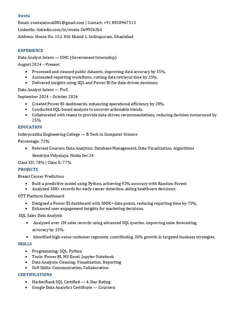 Data Analyst Intern Resume Summary | PDF