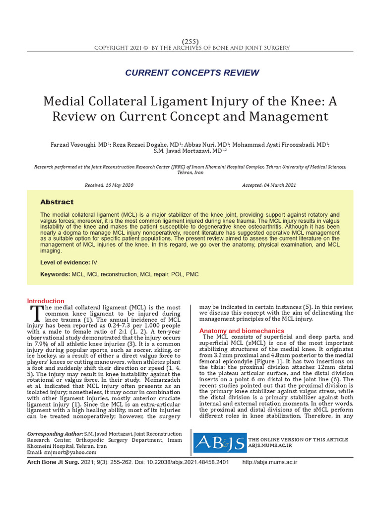 MCL Injury: Current Concepts & Management | PDF | Knee | Soft Tissue