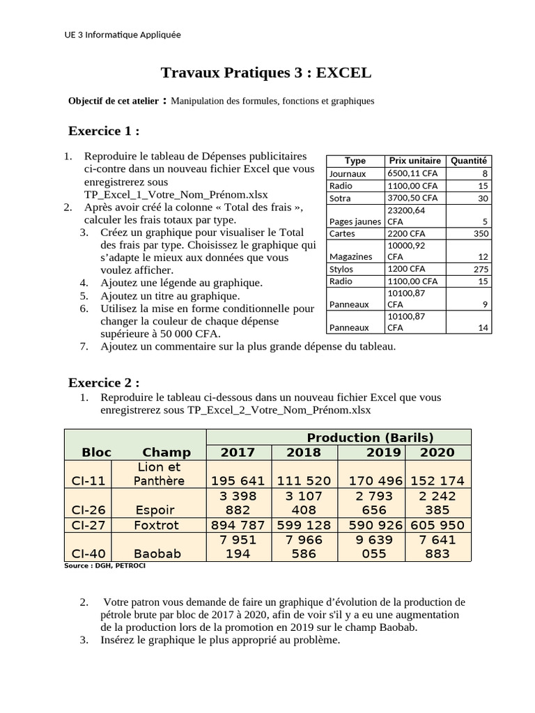 TP Excel : Formules et Graphiques | PDF